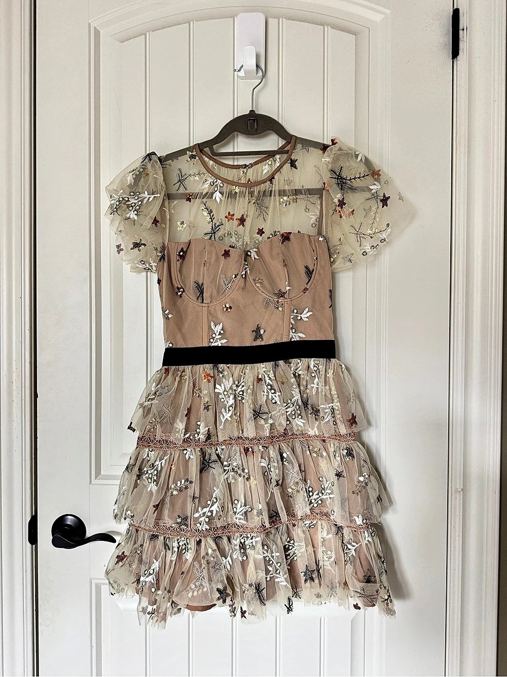 Embroidered Floral Mini Dress in Brown & Cream